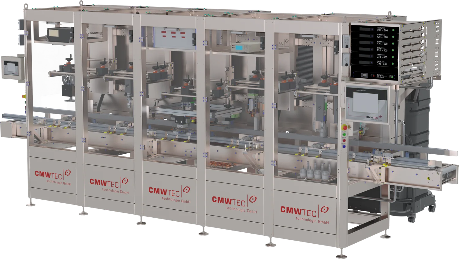 CMWTEC modular 5-in-1 combination machine for post brushing, high-rate discharge testing, high-voltage leak testing, post greasing and marking